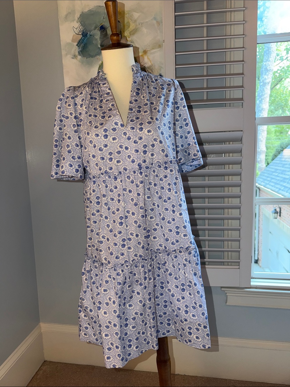Blue Floral V-Neck Short Sleeve Women's Dress